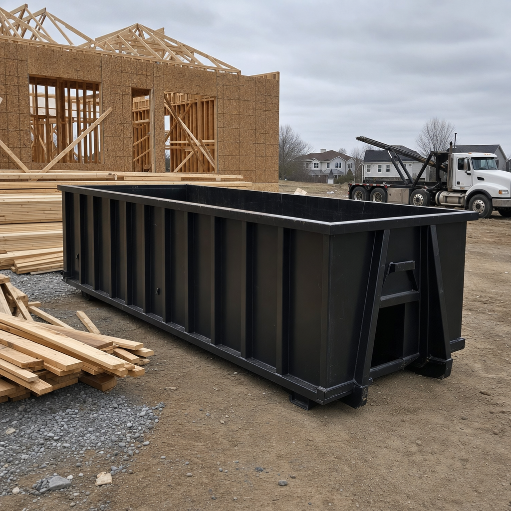 Matte-black 40-yard roll-off dumpster staged on a framed-out residential construction site in Bronx, framing lumber stacked nearby, hooklift delivery truck visible in the background under bright Colorado daylight
