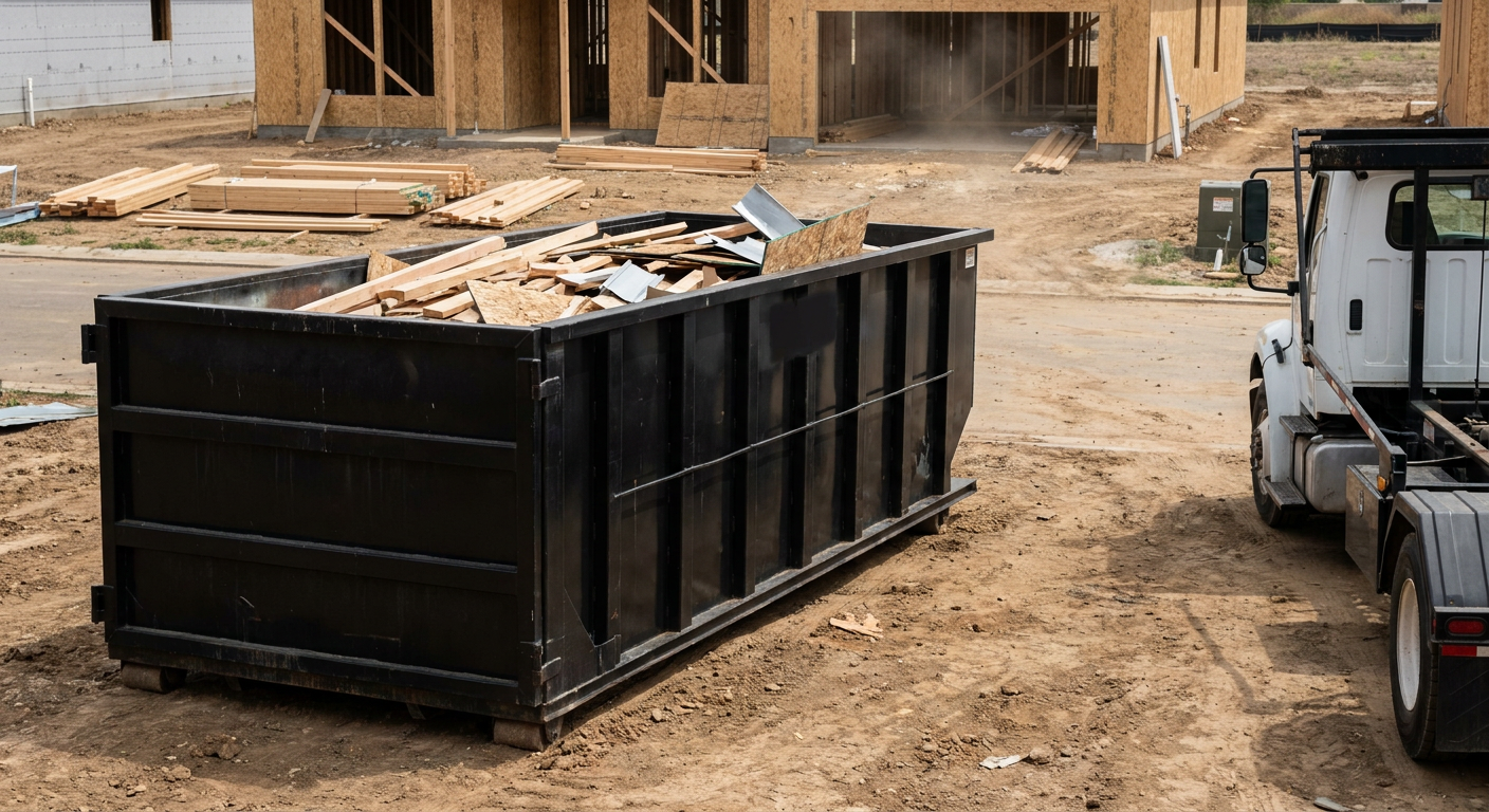 Matte-black 20-yard roll-off construction dumpster with heavy ribbed steel sidewalls and swing rear doors at a working jobsite in Bronx, sitting directly on compacted dirt with an unmarked white hauler partially visible at the far edge of the frame.