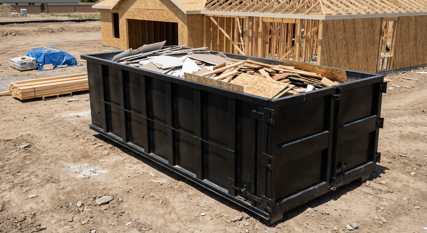 Matte-black 30-yard roll-off construction dumpster sitting directly on the compacted-dirt site of a framed single-family home build in Bronx, drywall and lumber scrap loaded inside.