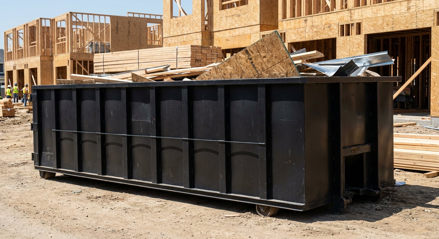 Matte-black 40-yard roll-off construction dumpster being lowered from a white-cab hooklift delivery truck onto the compacted-dirt jobsite at a commercial build site in Bronx