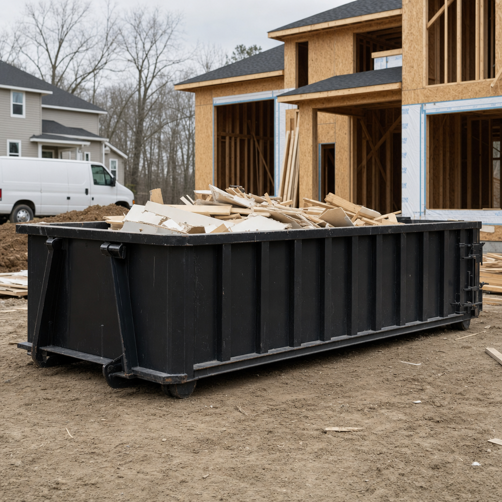 Worker in a yellow high-visibility vest tossing framing lumber and broken drywall into a matte-black 30-yard construction roll-off dumpster on an active build site in Bronx, bright daylight