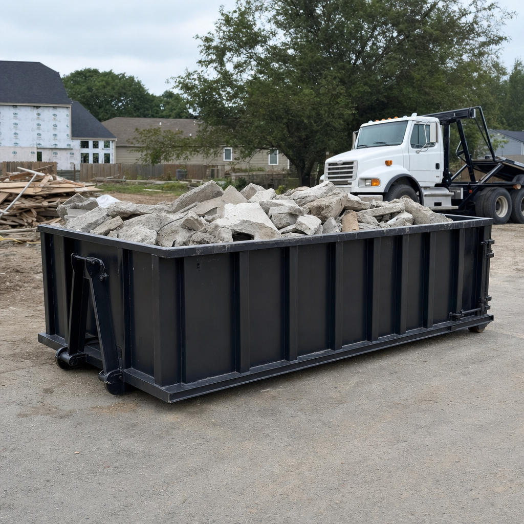 Low-profile matte-black lowboy roll-off dumpster loaded with broken concrete slab and rebar at a foundation tear-out in Bronx, skid steer parked beside it, sunny Colorado morning