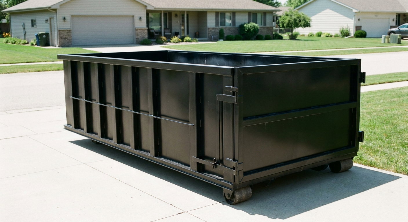 Matte-black 10-yard roll-off dumpster on a residential concrete driveway in Bronx, uniformly painted matte black across every panel and rail, ribbed steel sidewalls and rear swing door visible, mid-day daylight.