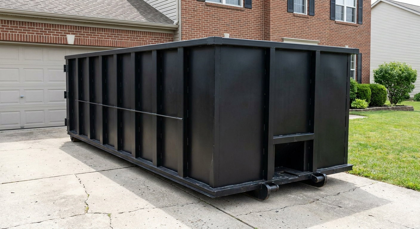 Matte-black 20-yard roll-off container on a Bronx residential concrete driveway with reinforced ribbed steel sidewalls and a hinged rear walk-in door, clean bright daylight.