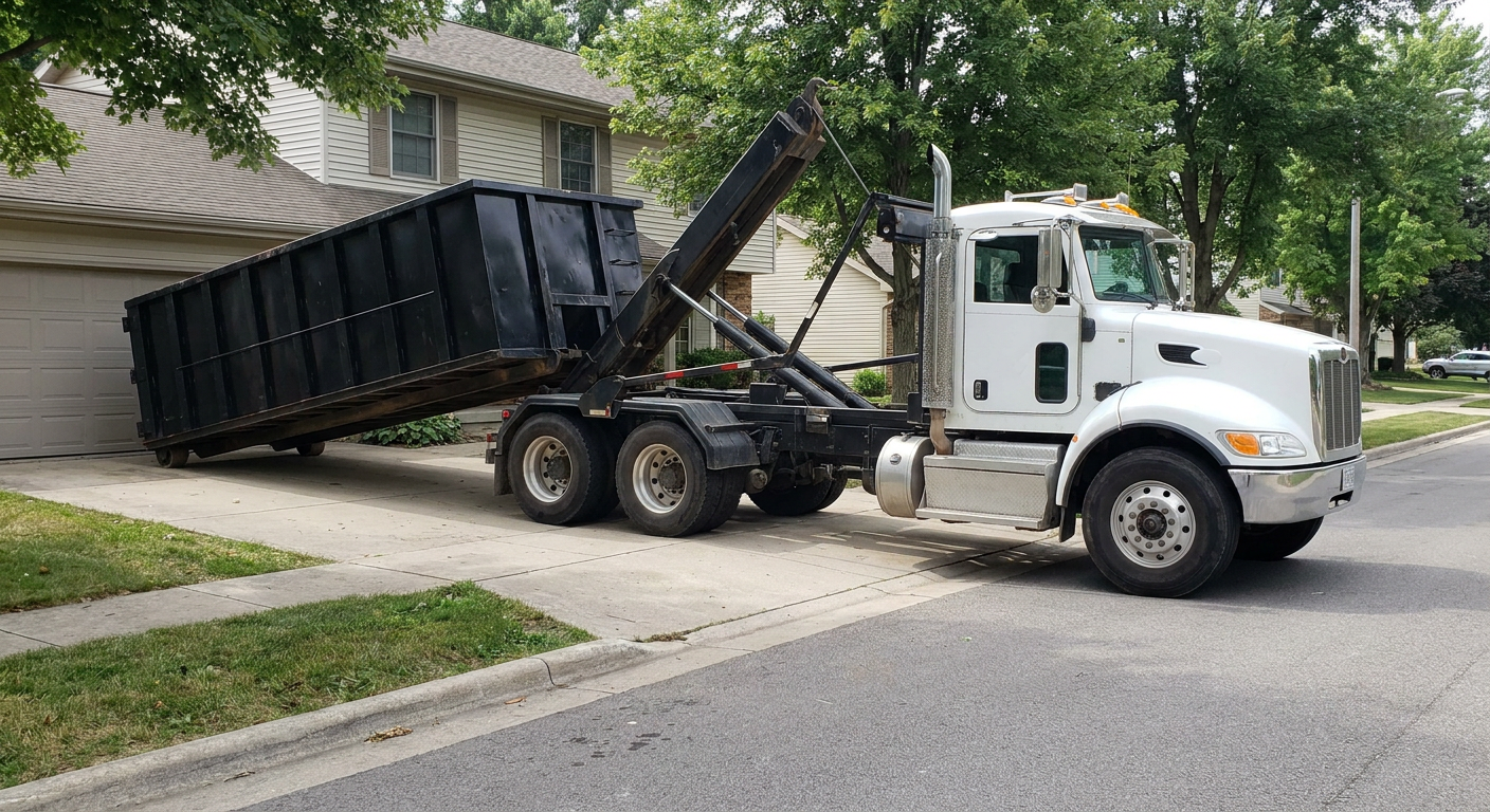White-cab hooklift roll-off truck actively lowering a matte-black dumpster onto a Bronx residential concrete driveway, the dumpster's rear wheels touching the driveway as the hoist arm tilts the bed forward, mid-morning daylight.