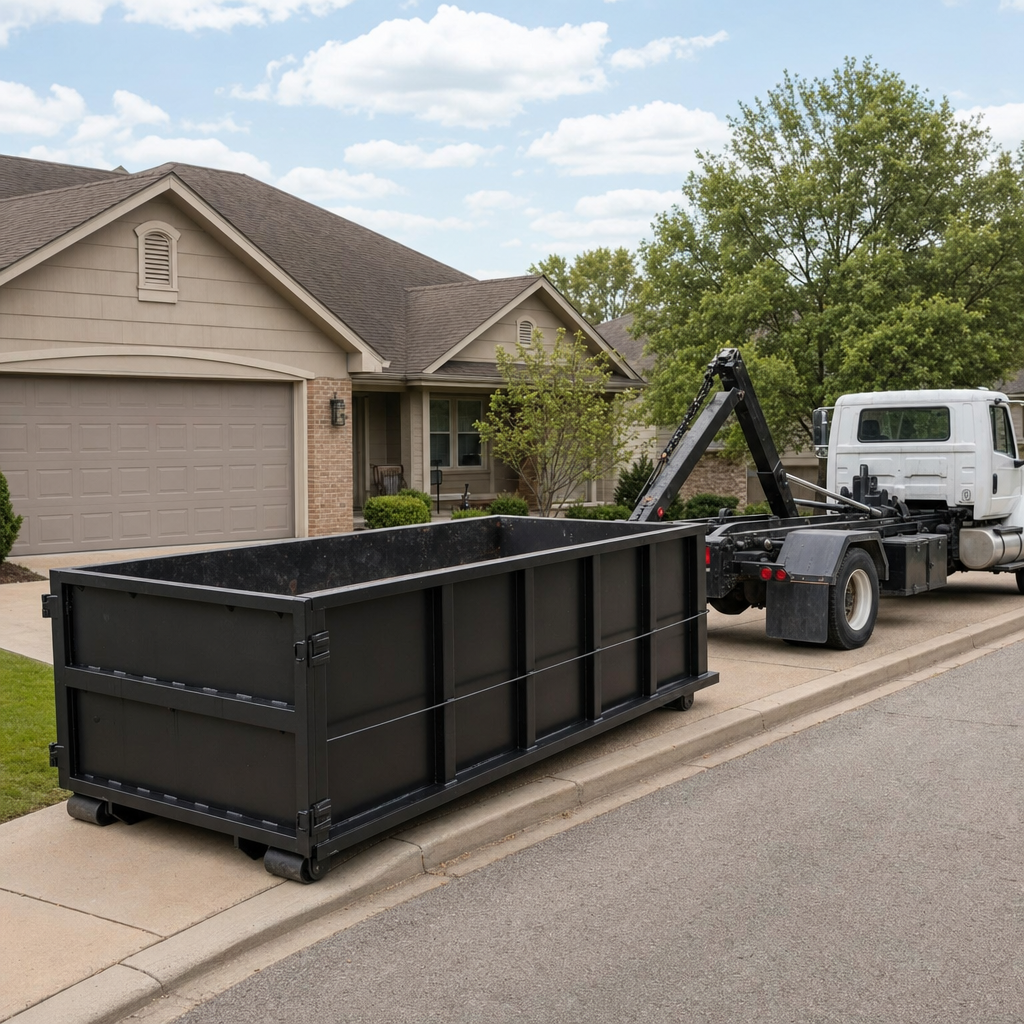 Wide documentary shot of a matte-black roll-off dumpster on a Bronx residential driveway in the foreground and a contractor jobsite container in the soft-focus background, bright daylight, calm and orderly composition.