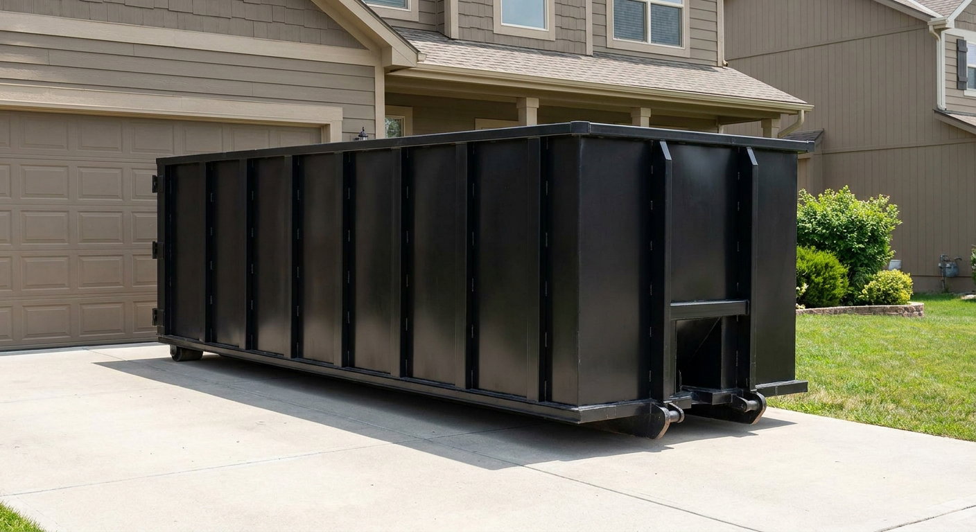 Matte-black residential roll-off dumpster sitting directly on a suburban Bronx concrete driveway, garage door closed, single-family home in background, bright morning daylight.