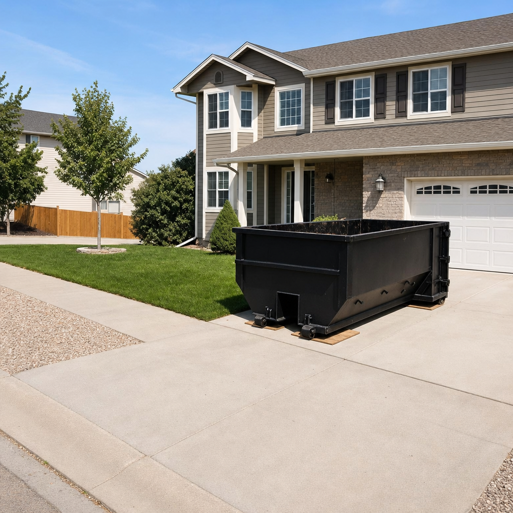 10-yard matte-black residential dumpster placed directly on a narrow Bronx concrete driveway, room remains for a parked sedan beside it, mid-morning natural light