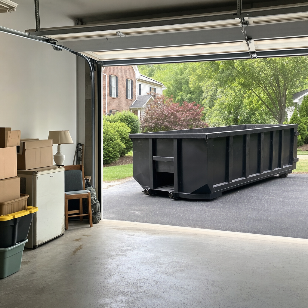 Open garage interior in a Bronx home mid-cleanout — boxed items, an old appliance, and stacked yard tools queued near the driveway for a matte-black roll-off dumpster, organized and calm