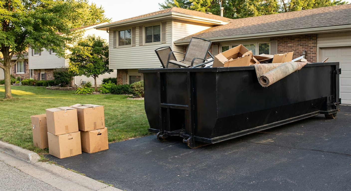 Front-yard view of a Bronx split-level home with a 20-yard matte-black roll-off dumpster sitting directly on the asphalt driveway, a few clearly labeled donation boxes staged at the curb, calm sunny afternoon.