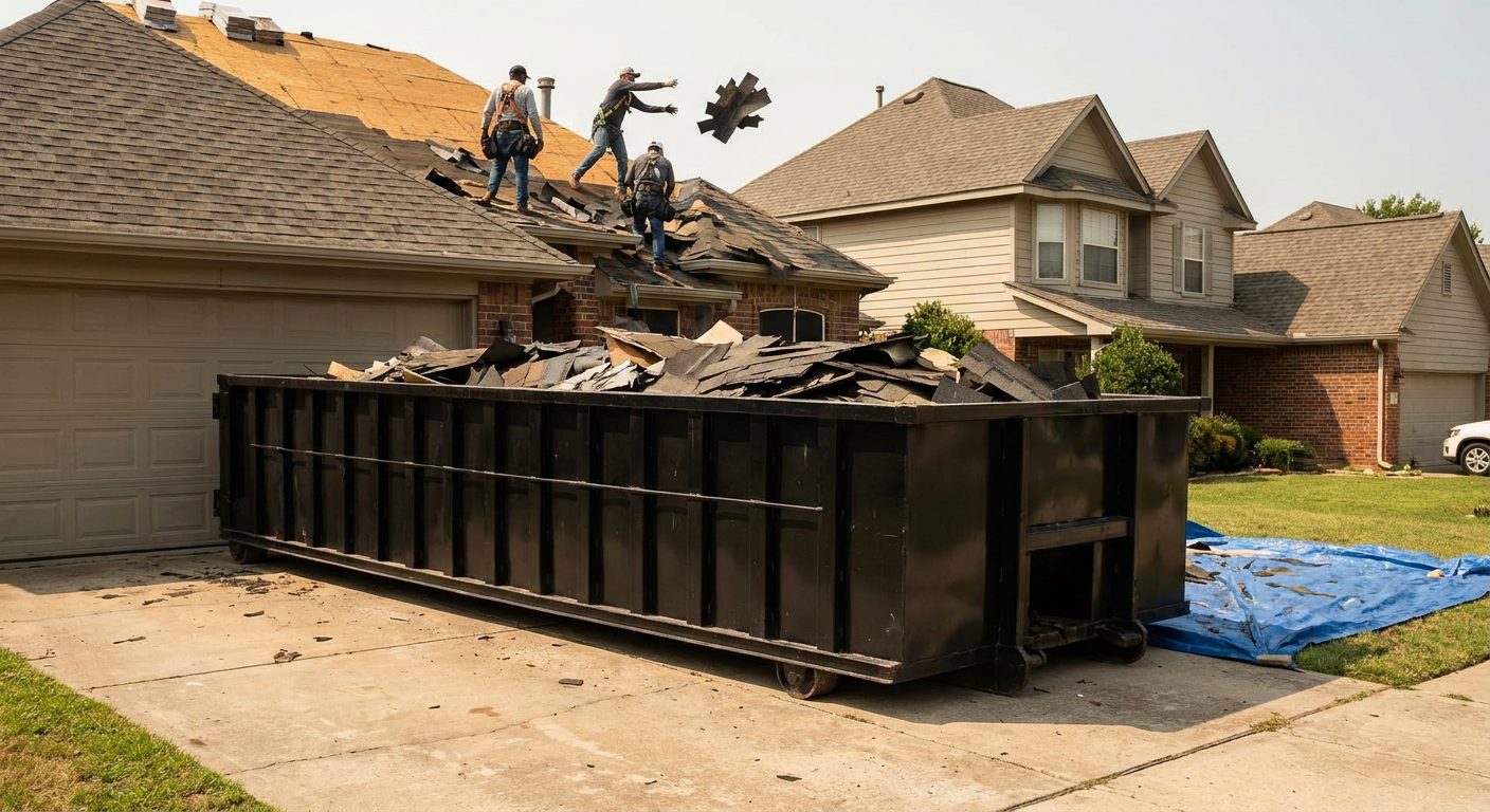Matte-black roofing roll-off dumpster placed directly on a Bronx residential concrete driveway, a tear-off crew on a two-story asphalt-shingle roof tossing shingle bundles into the low-walled container, bright daylight, documentary 35mm perspective.
