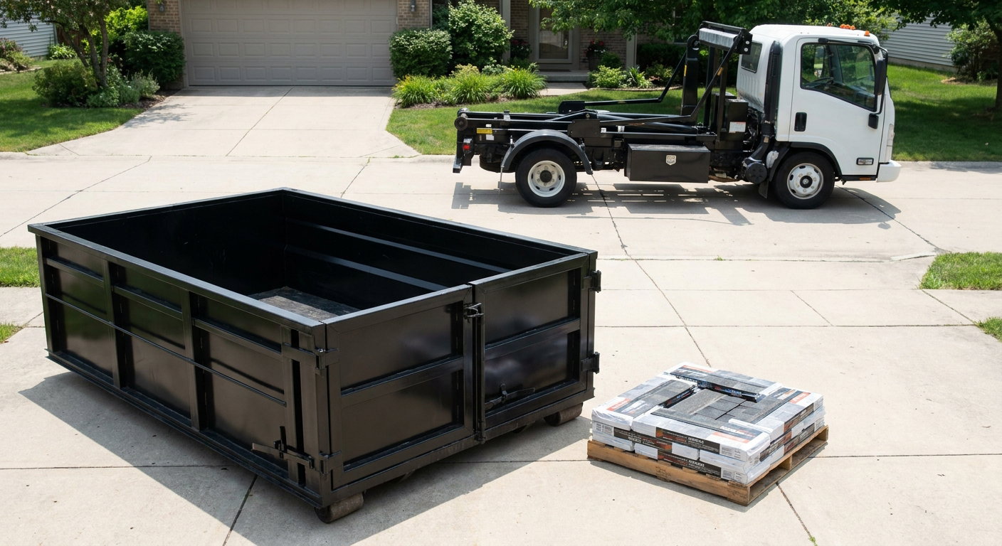 Matte-black 15-yard roofing roll-off dumpster with reinforced low side walls sitting directly on a Bronx residential concrete driveway, three-tab asphalt shingle bundles stacked nearby, an unmarked white hauler truck partially visible at the edge of the frame.