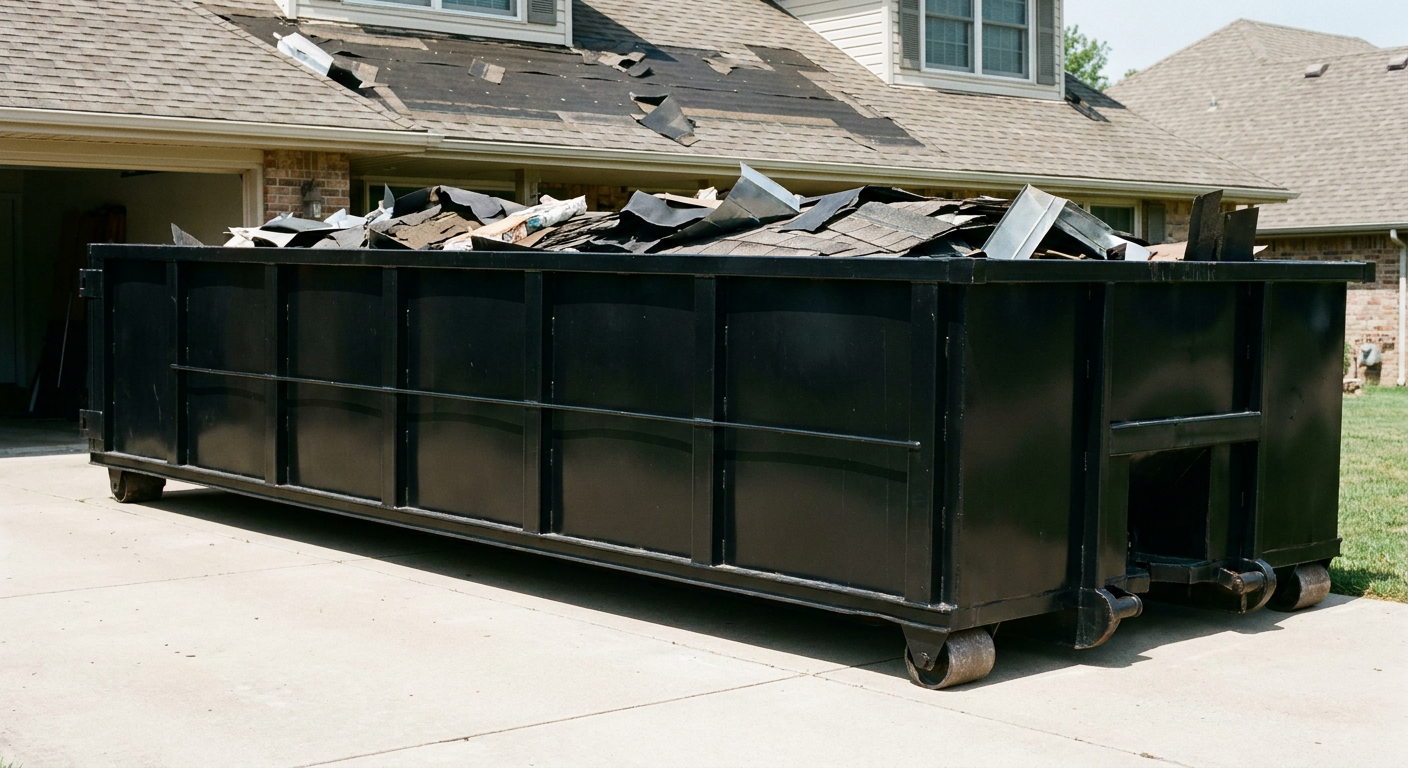 Matte-black 20-yard roofing roll-off dumpster with steel ribbed sides and swinging rear door, sitting directly on the concrete driveway of a two-story Bronx home, asphalt shingle debris being loaded over the low wall, clean documentary lighting.