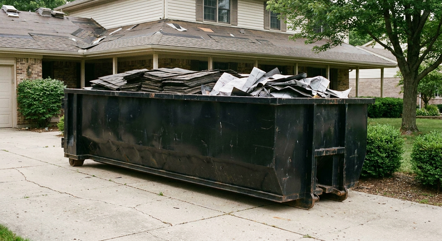 Matte-black 30-yard roofing roll-off dumpster sitting directly on a Bronx concrete driveway, taller ribbed steel side panels, mixed tear-off debris of asphalt shingles and underlayment inside, professional documentary daylight.