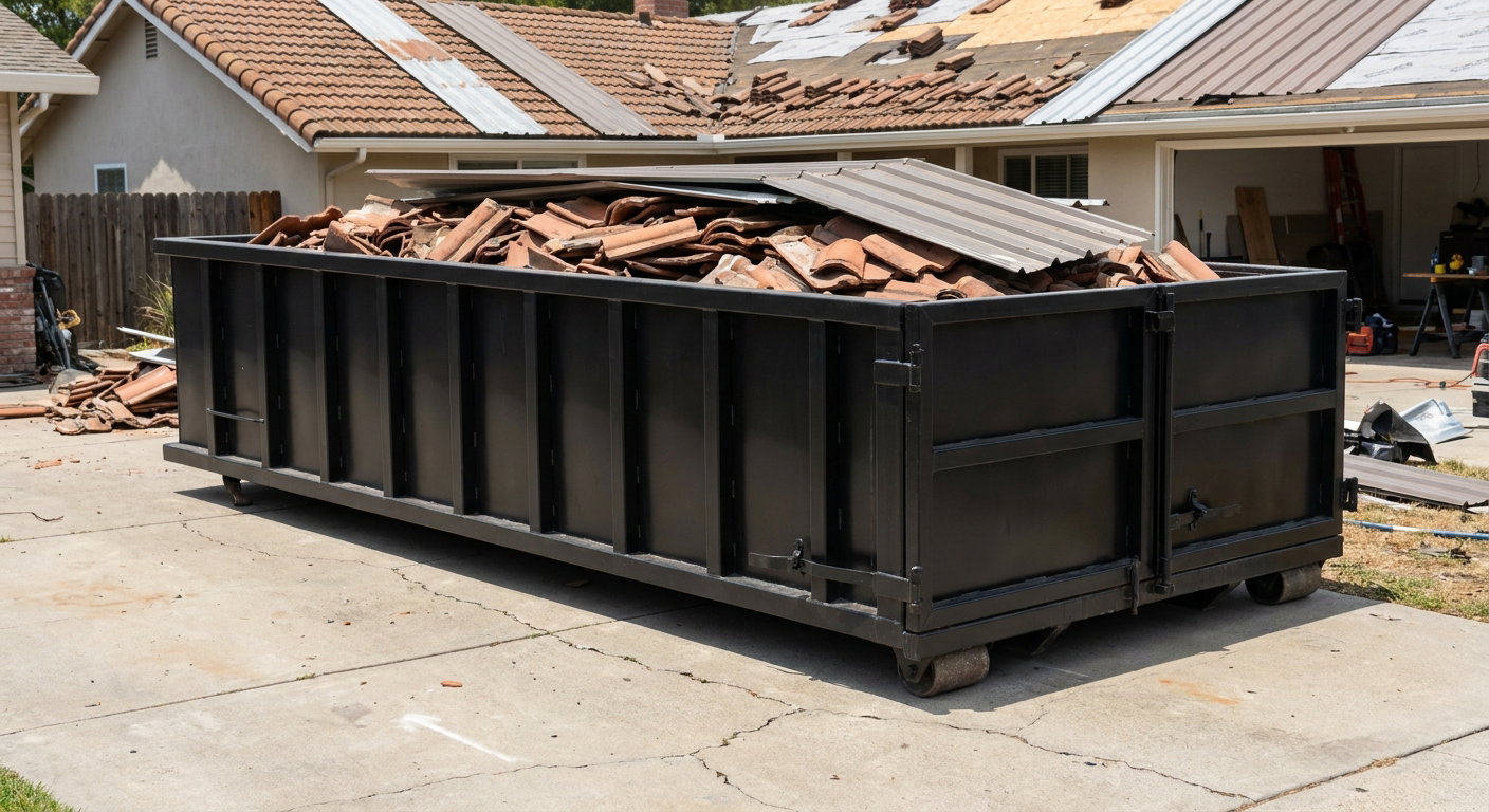 Matte-black low-wall heavy-debris roofing roll-off dumpster sitting directly on a Bronx concrete driveway, broken concrete clay roof tiles and metal panel sections loaded inside, reinforced ribbed steel side walls visible, bright outdoor daylight.