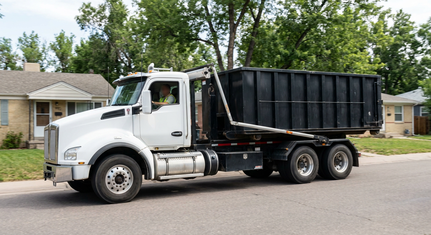 A wide documentary shot of a matte-black roll-off delivery truck pulling onto a quiet Bronx residential street at mid-morning, with neighborhood rooftops and tree-lined blocks visible behind, showing the metro coverage footprint.