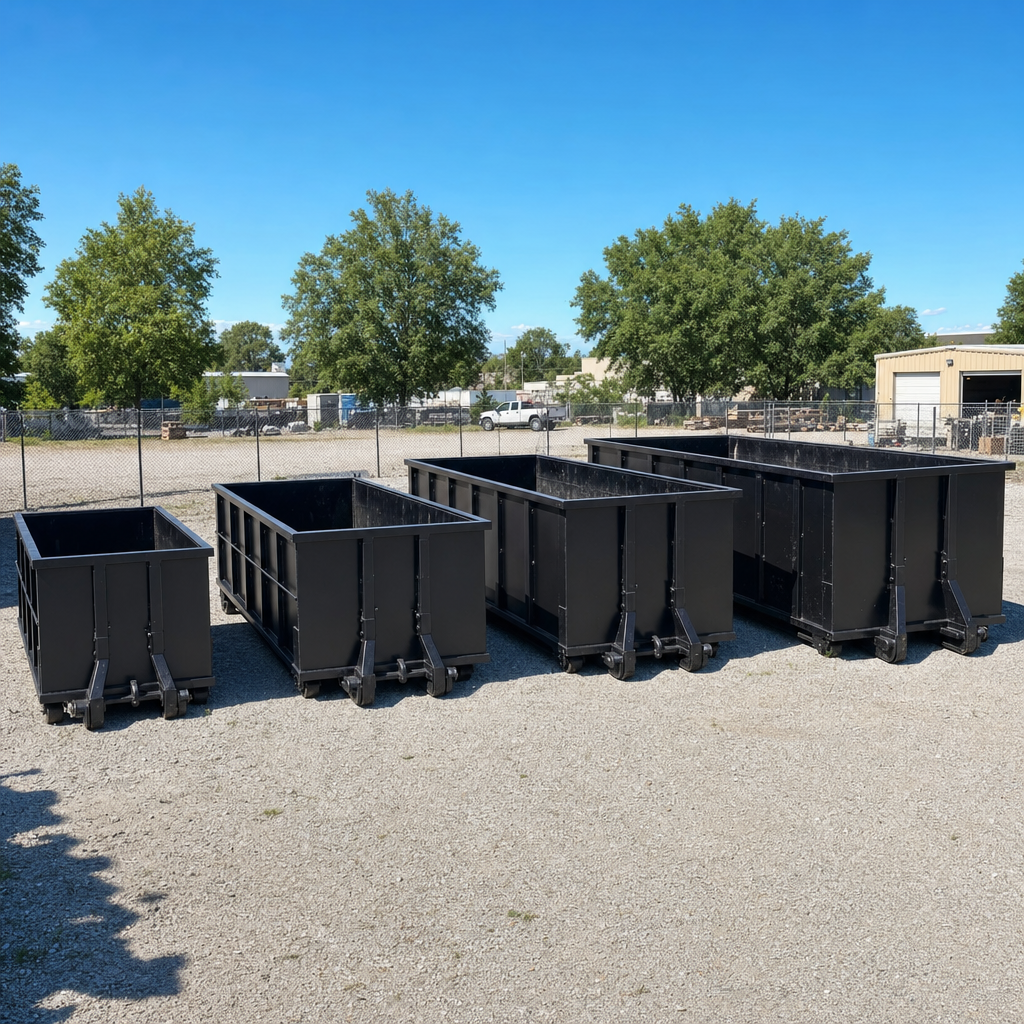 A clean lineup of matte-black roll-off dumpsters in 10, 20, 30, and 40-yard sizes staged on a sunlit gravel yard in Bronx, showing the size progression from compact to commercial-scale containers.