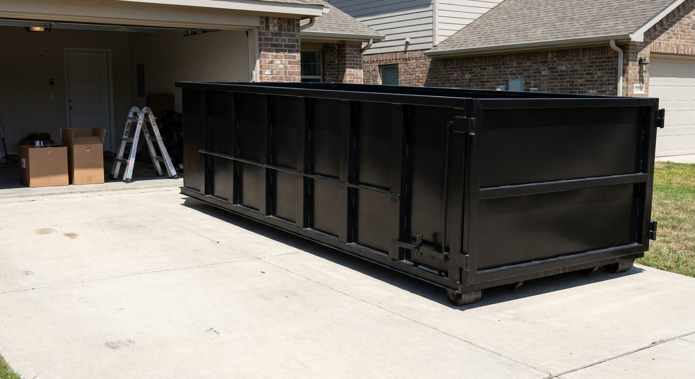 A matte-black 10-yard roll-off dumpster sitting directly on a residential Bronx concrete driveway, mid-day sunlight, clean and ready for a garage cleanout.