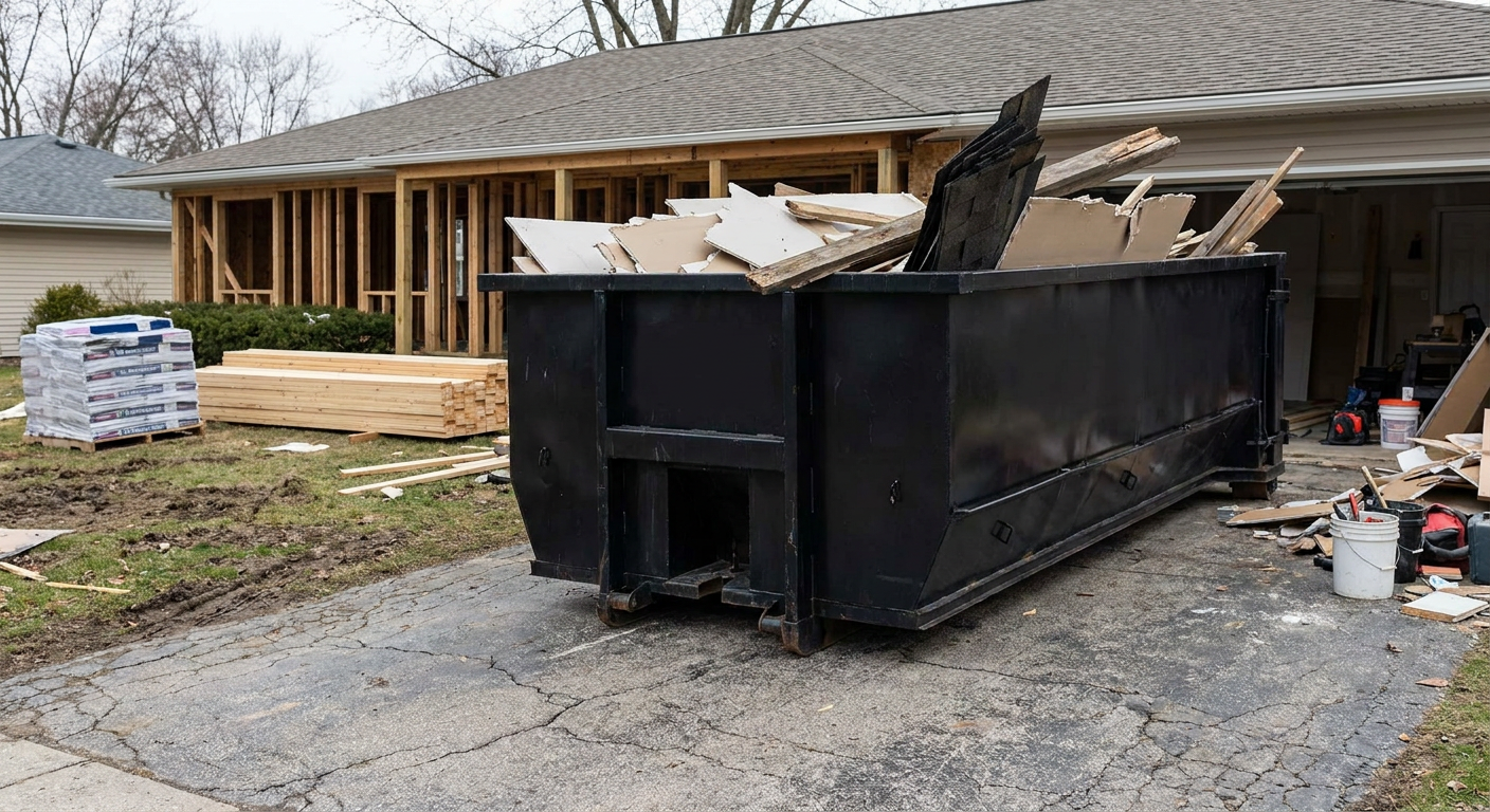 A matte-black 20-yard roll-off dumpster placed alongside a mid-renovation Bronx home directly on the asphalt driveway, with framing materials and torn-off shingles staged neatly nearby.