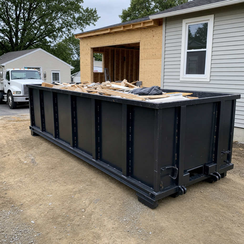 A matte-black 30-yard roll-off dumpster positioned at a Bronx residential addition jobsite, with framing lumber and drywall scraps loaded through the open swinging rear doors.