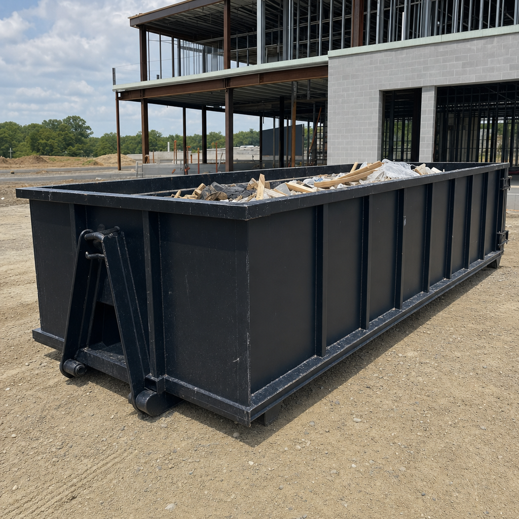 A matte-black 40-yard roll-off dumpster staged on a large Bronx commercial construction lot, with a hooklift delivery truck parked alongside under bright midday sky.