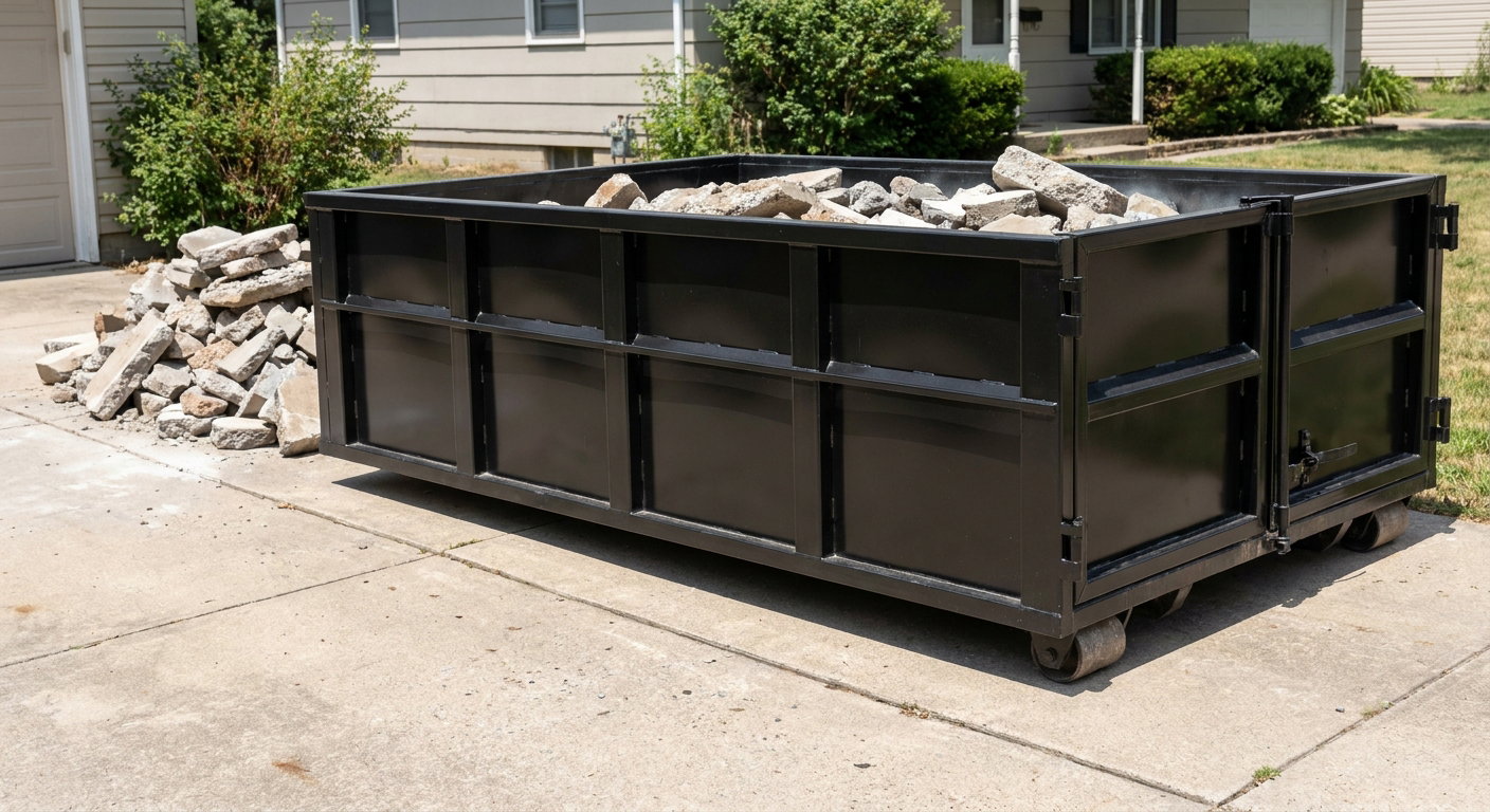 A matte-black low-side heavy-debris roll-off dumpster placed directly on a Bronx concrete driveway, with broken concrete chunks neatly stacked beside it under clean daylight.